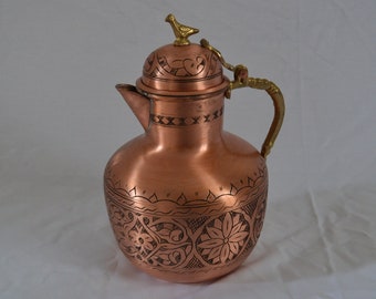 Hand Engraved Copper Pitcher, Copper Water Jug, Turkish Traditional Beverage Serving Jug