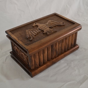 Wooden puzzle box with secret key compartment, Eagle carved personalized walnut wood jewelry box, Secret lock magic chest