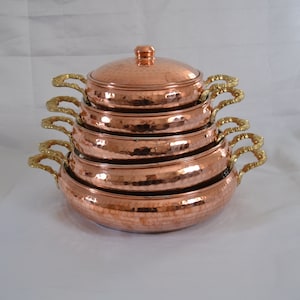 Set of 5 copper cooking pots with lid, Hammered brass handled  copper casserole pots