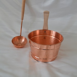 Hammered Copper Sauna Bucket and Ladle with Wooden Handle, Turkish Personalized Traditional Copper Sauna Set