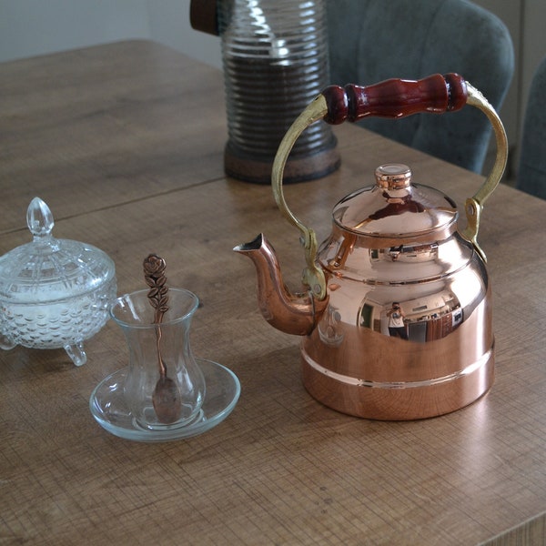Bouilloire à thé en cuivre, théière turque en cuivre massif avec poignée en bois