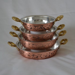 Traditional Copper Pan with Double Brass Handle,  Hand Engraved Turkish Pure Copper Heavy Omelette Pans Nonstick