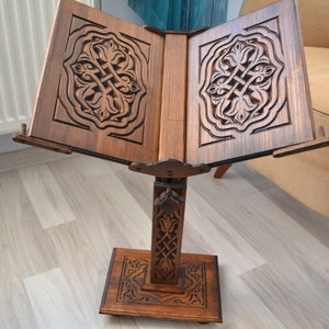 Height adjustable carved book stand, Red pine portable wood cookbook stand, Quran&Bible holder