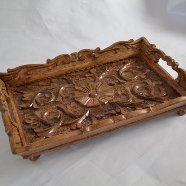 Hand carved wooden serving tray, decorative walnut wood tray, farmhouse style coffee serving tray