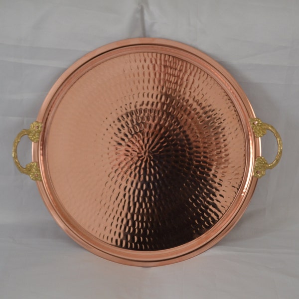 Hammered copper round tray, Turksih traditional coffee serving tray with brass handles, Beverage serving