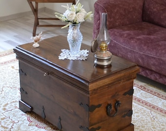 Walnut wood chest with cast iron handles, Trunk coffee table, Wooden storage chest&organizer
