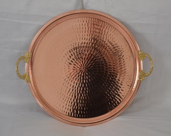 Hammered copper round tray, Turksih traditional coffee serving tray with brass handles, Beverage serving