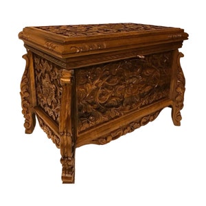 Hand Carved Wedding Chest, Turkish Traditional Storage Box for Bride, Walnut Wood Coffee Trunk Table