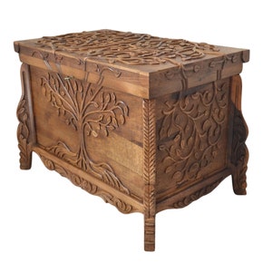 Tree of Life Wooden Chest, Walnut Carved Trunk Coffee Table, Tree Patterned Hope Chest, Storage Chest