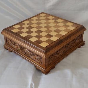 Wooden Chess Box, Walnut Hand Carved Wooden Chess Board, Hidden Compartment Chest with Key