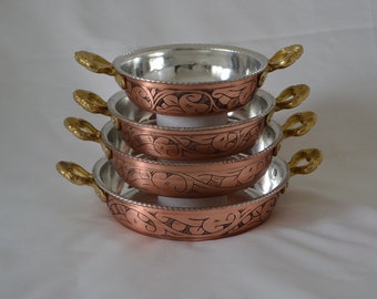 Traditional Copper Pan with Double Brass Handle,  Hand Engraved Turkish Pure Copper Heavy Omelette Pans Nonstick