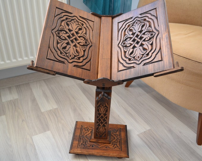 Soporte para libros tallado ajustable en altura, soporte portátil para libros de cocina de madera de pino rojo, soporte para Corán y Biblia