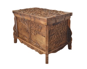 Tree of Life Wooden Chest, Walnut Carved Trunk Coffee Table, Tree Patterned Hope Chest, Storage Chest