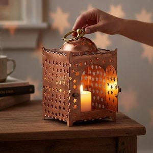 Farol y portavelas de cobre rústico, lámpara de noche decorativa