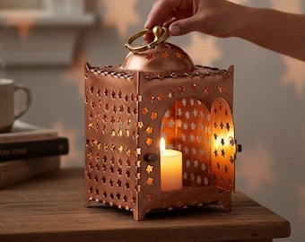 Rustic Copper Lantern & Candle Holder, Decorative Night Lamp