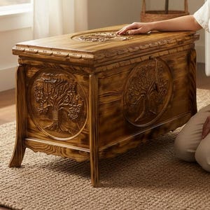 Tree of life Pine Wood Storage Chest Hand Carved Trunk Coffee Table Bench