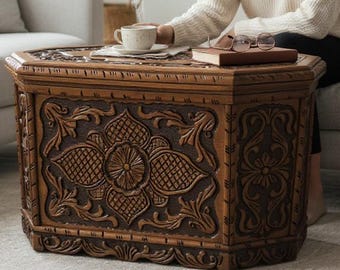 Walnut Wood Trunk Table, Turksih Traditional Hand Carved Storage Chest