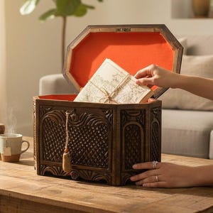 Wooden Storage Chest Hand Carved, Turkish Traditional Pine Wood Storage Box