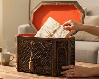 Wooden Storage Chest Hand Carved, Turkish Traditional Pine Wood Storage Box