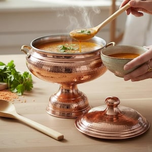 Large Copper Soup Bowl with Lid, Hammered Solid Copper Server Pot Tureen