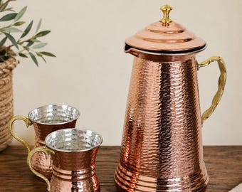 Pure Solid Copper Pitcher, Turkish Traditional Hand Hammered Copper Water Serving Jug with Lid 1750ml
