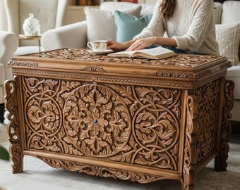 Handgesneden opbergkist, traditionele Turkse walnotenhouten salontafel en bruidskist, rustieke gezellige deken speelgoed opbergdoos aandenken