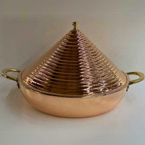 Copper Pyramid Pan with Lid, Brass Handled Copper Cooking Pot, Turkish Traditional Cookware Pan