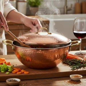 Hammered Copper Pot with Lid, Traditional Turkish Copper Wok Casserole Dish Foodsafe Non-stick