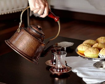 Turkish Hammered Copper Tea Kettle with Wooden Handle, Copper Stovetop Teapot