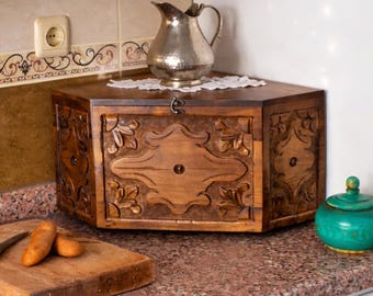 Walnut Wood Corner Bread Box Countertop Rustic Hand Carved Traditional Bread Storage Bin, Farmhouse Kitchen Organizer