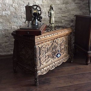 Walnut Wood Trunk Coffee Table, Ottoman Hope Chest Table, Wooden Hand Carved Storage Box Chest