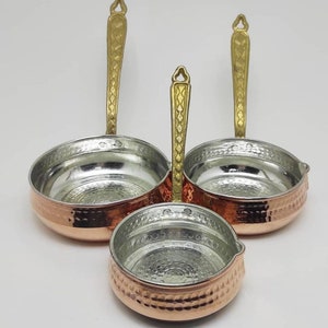 Hammered Copper Sauce Pan Set of 3, Traditional Turkish Copper Brass Handle Sauce Cooking Pan