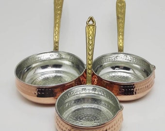 Hammered Copper Sauce Pan Set of 3, Traditional Turkish Copper Brass Handle Sauce Cooking Pan