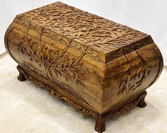 Tree of Life Walnut Storage Chest, Hand Carved Traditional Wooden Trunk Coffee Table Rustic