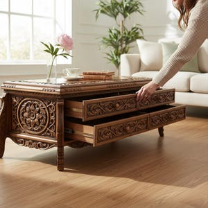 Mueble de TV de madera de nogal con 4 cajones, estilo rústico de granja, mueble para TV tallado a mano imagen 12