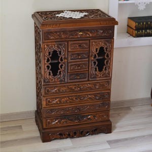 Carved Jewelry Chest and Makeup Cabinet with Drawers, Walnut Wood Cosmetic Storage Box, Large Wooden Makeup Organizer