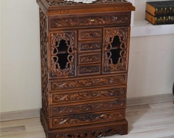 Carved Jewelry Chest and Makeup Cabinet with Drawers, Walnut Wood Cosmetic Storage Box, Large Wooden Makeup Organizer