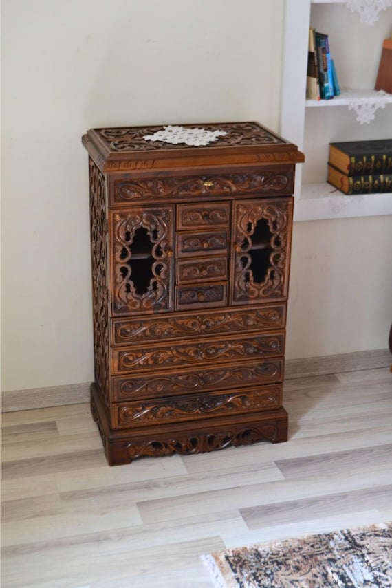 Schmuckkiste und Make-up-Schrank mit Schubladen Hand geschnitzt, Nussbaum Holz Kosmetik Aufbewahrungsbox Make-up Organizer Große Größe
