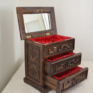 Jewelry and makeup chest with drawers with mirror, Small chest of drawers, hand carved walnut jewelry box, decorative box