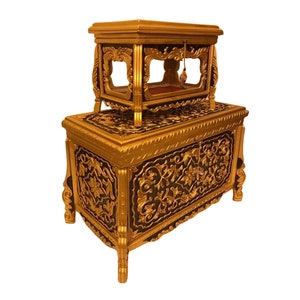 Golden color wooden storage chest set of 2, Walnut wood hand carved hope chest, Coffee trunk table