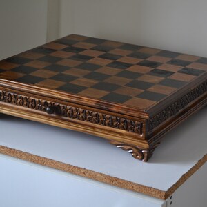 Wooden Chess Box With Drawer and Chess Board, Walnut Wood Hand Carved ...