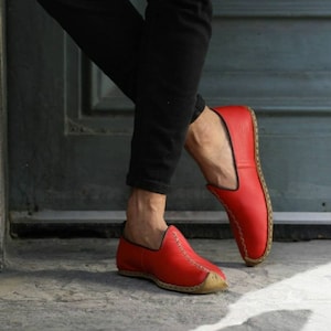 Red Genuine Leather Unisex Travel Shoes, Hand Stitched Women&#39;s Loafer, Turkish Summer Yemeni Shoes Leather Slip On Natural Footwear