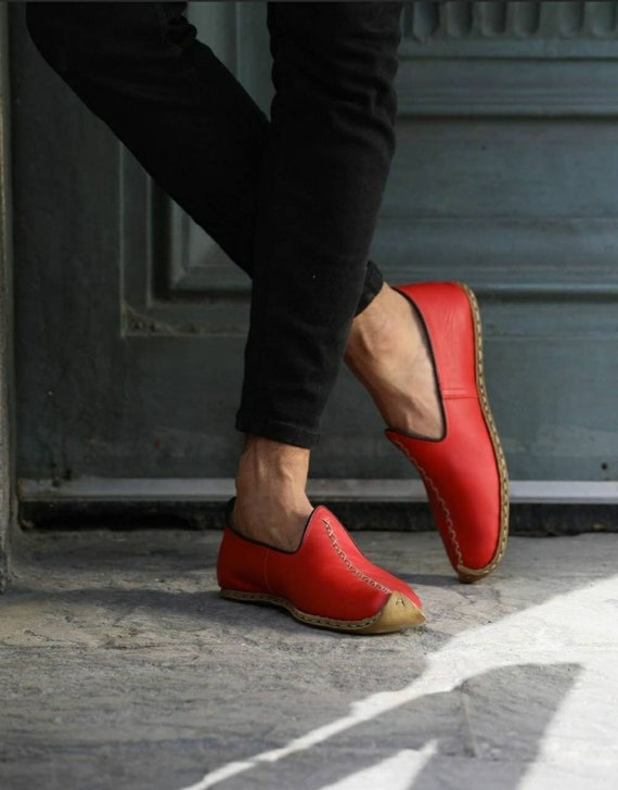 Red Genuine Leather Unisex Travel Shoes, Hand Stitched Women's Loafer, Turkish Summer Yemeni Shoes Leather Slip On Natural Footwear