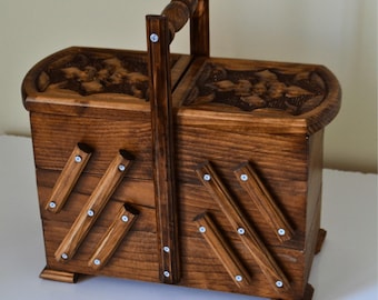 Wooden Foldout Sewing & Tool Organizer Box 3 Layer, Rustic Hand Carved Pine Wood Sewing Kit Storage Basket