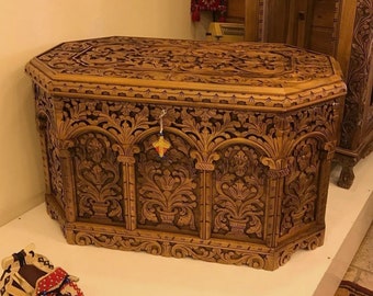 Walnut Wood Large Hope Chest, Ottoman Hand Carved Large Storage Chest, Carved Wooden Trunk