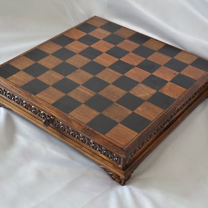 Wooden Chess Box with Drawer and Chess Board, Walnut Wood Hand Carved Chess Storage Organizer Box Large Size