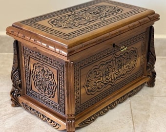 Solid Walnut Wood Home Storage Box, Turkish Traditional Hand Carved Keepsake Chest Lockable Trunk