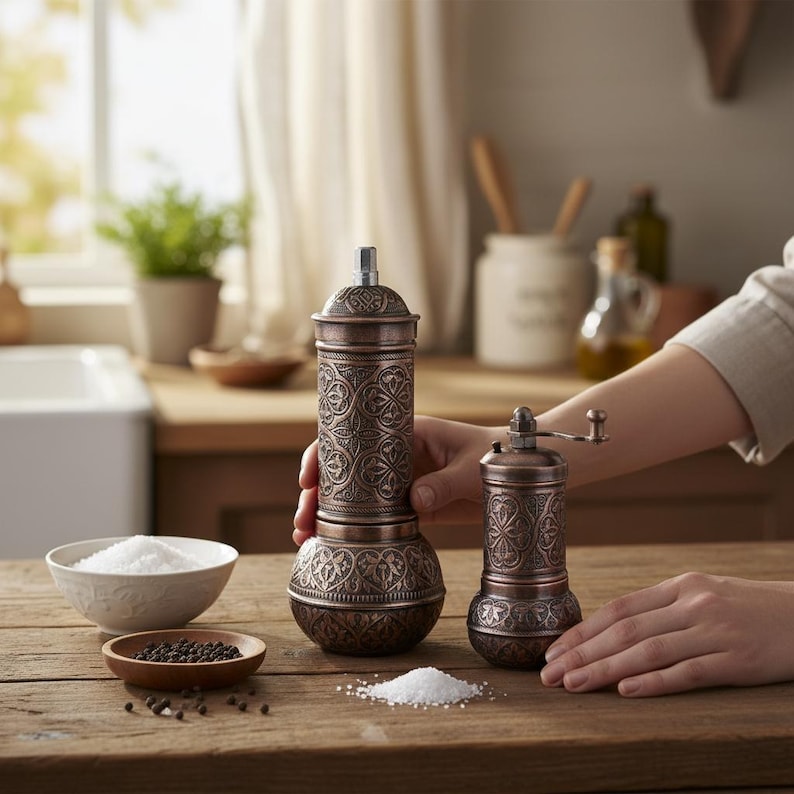 Set med 2 kaffekvarnar, traditionell turkisk salt- och pepparkvarn, manuell kvarn bild 11