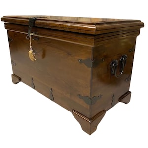 Walnut wood chest with cast iron handles, Trunk coffee table, Wooden storage chest&organizer