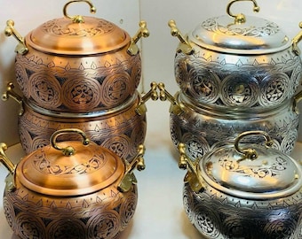 Solid Engraved Turkish Copper Pot, Traditional Pure Copper Casserole Cooking Pots with Brass Handle